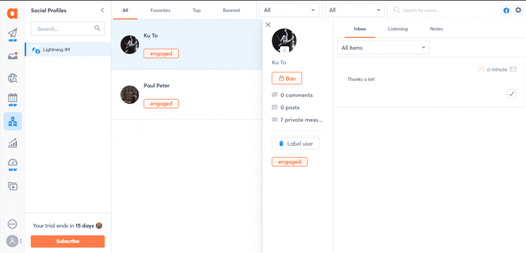 View of the inbox of Agorapulse