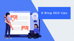 Animated characters implementing blog SEO tips on their content