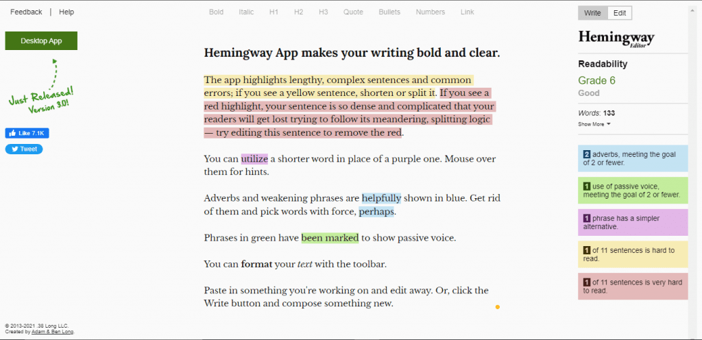 HemingwayApp editing tool checking some issues and quality of article
