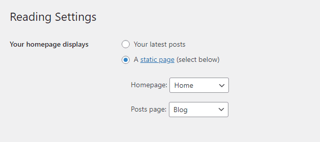 Static page selection on WordPress dashboard