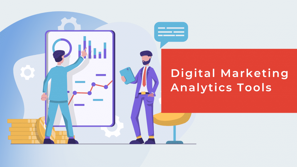 Featured image for the best digital marketing analytics tools with two animated guys discussing their business statistics