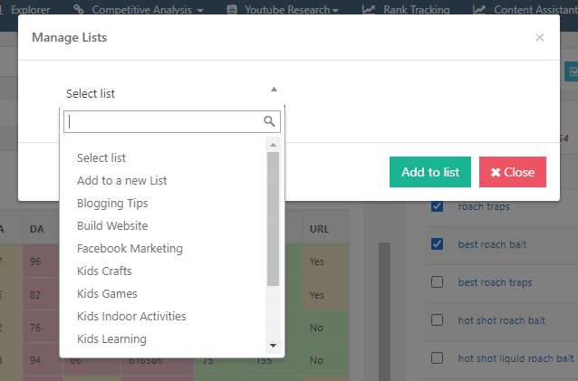 Drop-down menu of the lists where you can save your keywords