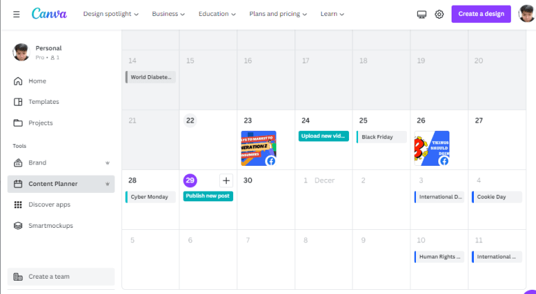 Canva's content planner feature that is very useful in social media strategy for eCommerce
