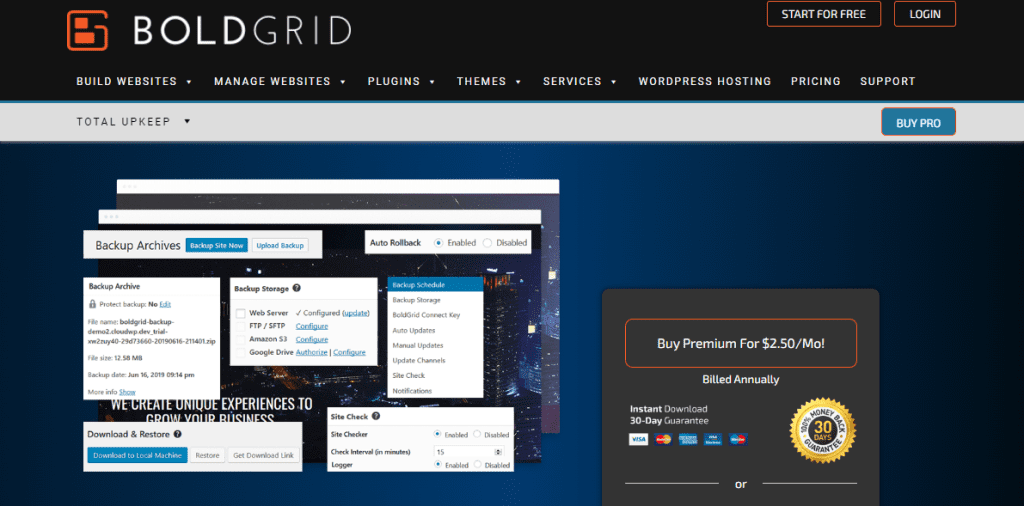Website of Bold Grid's WordPress backup plugin Total Upkeep