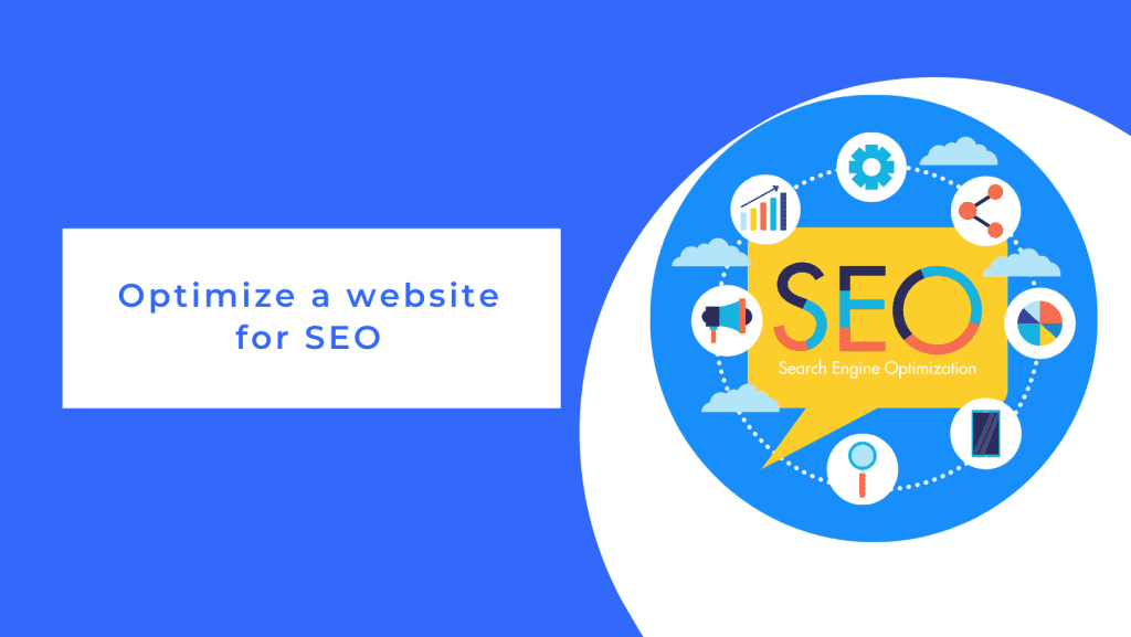 Graphic image of an seo with logos of it elements and a title for how to optimize a website for SEO.