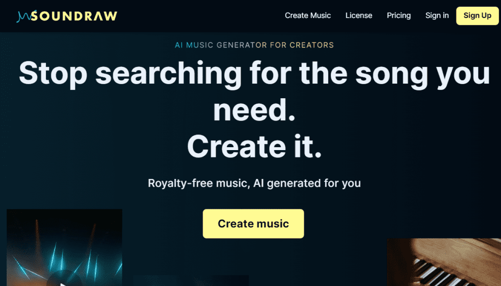 Soundraw AI music generator tool homepage