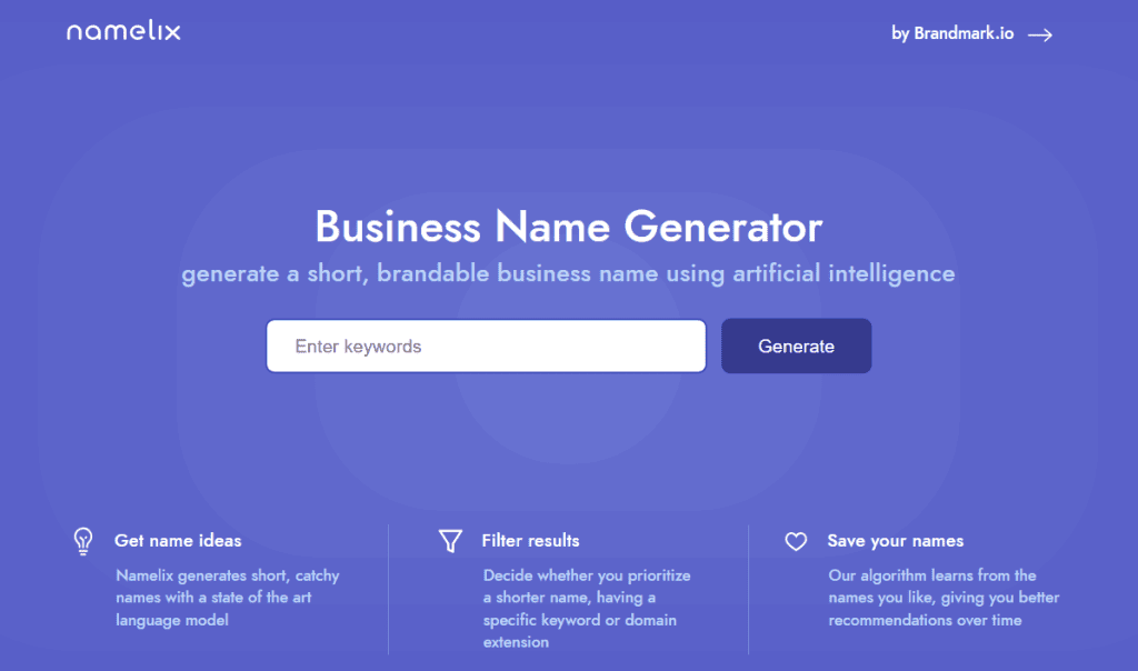 Namelix business name generator AI tools for digital marketing homepage