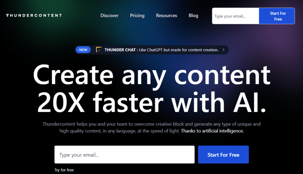 Thundercontent AI writing software homepage