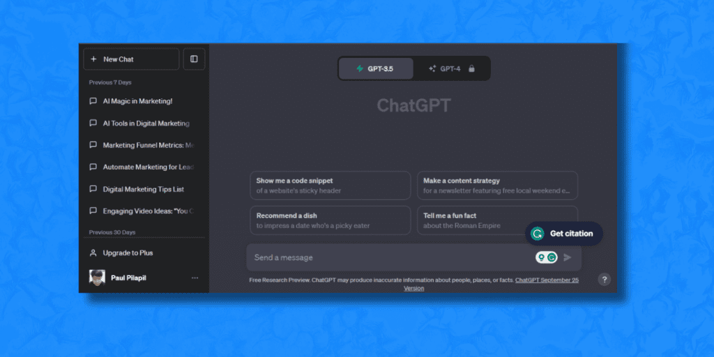 Dashboard of ChatGPT AI tool.