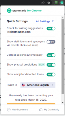 Grammarly's Google Chrome extension settings